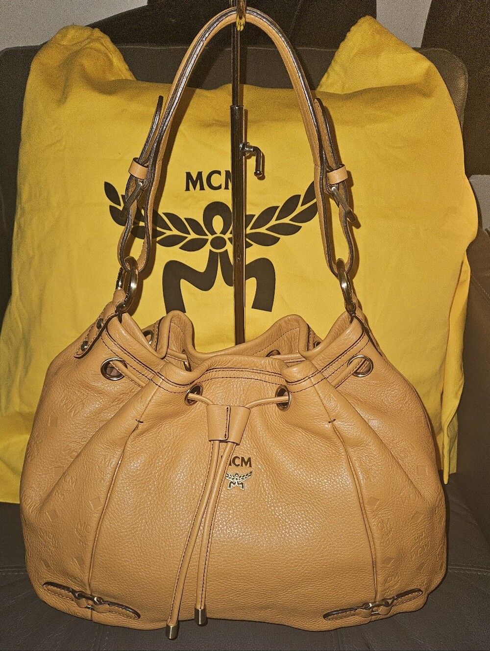 MCM Tan Leather Drawstring Shoulder Bag